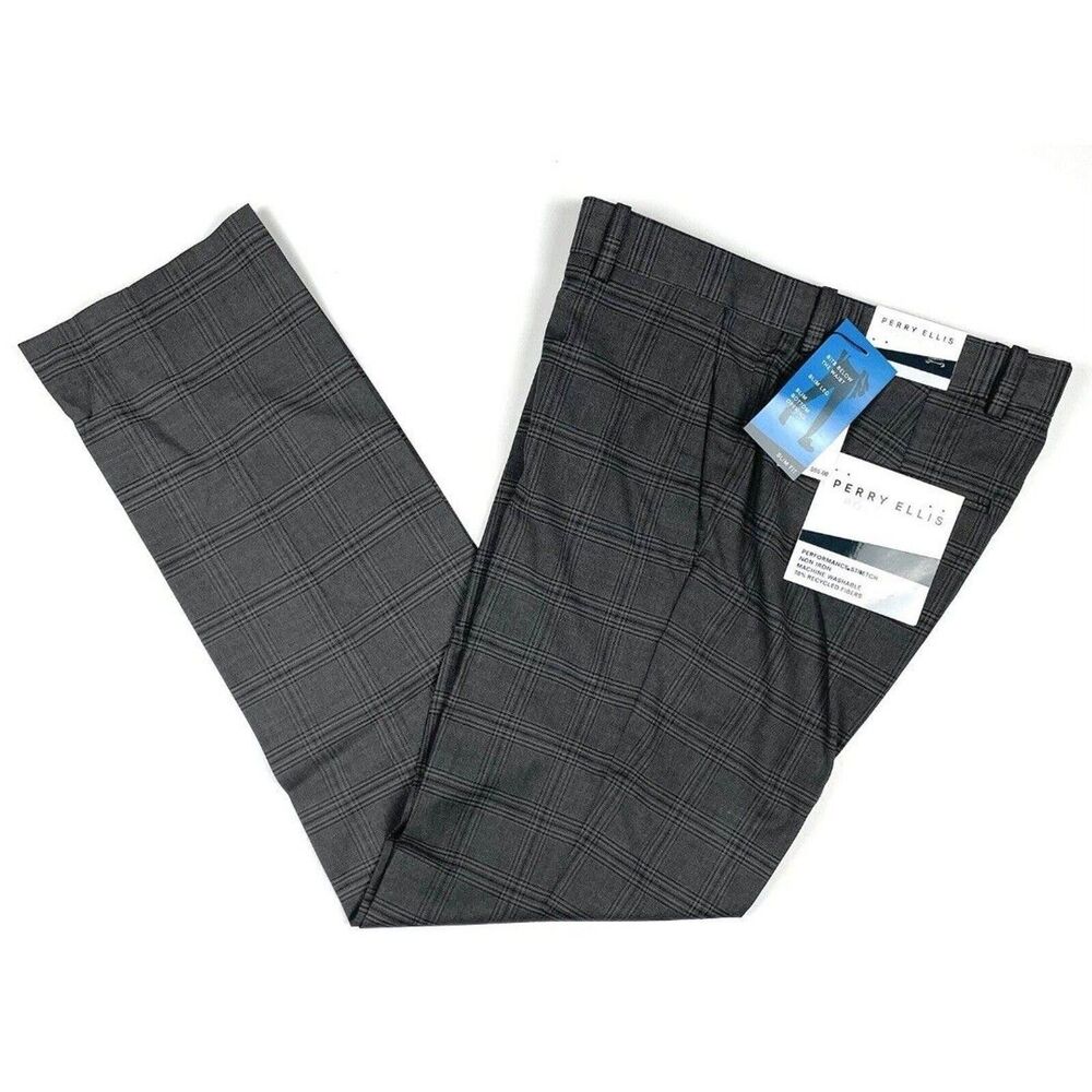 Perry Ellis Portfolio New Men's Charcoal Slim-Fit Windowpane Plaid Pants 34x30